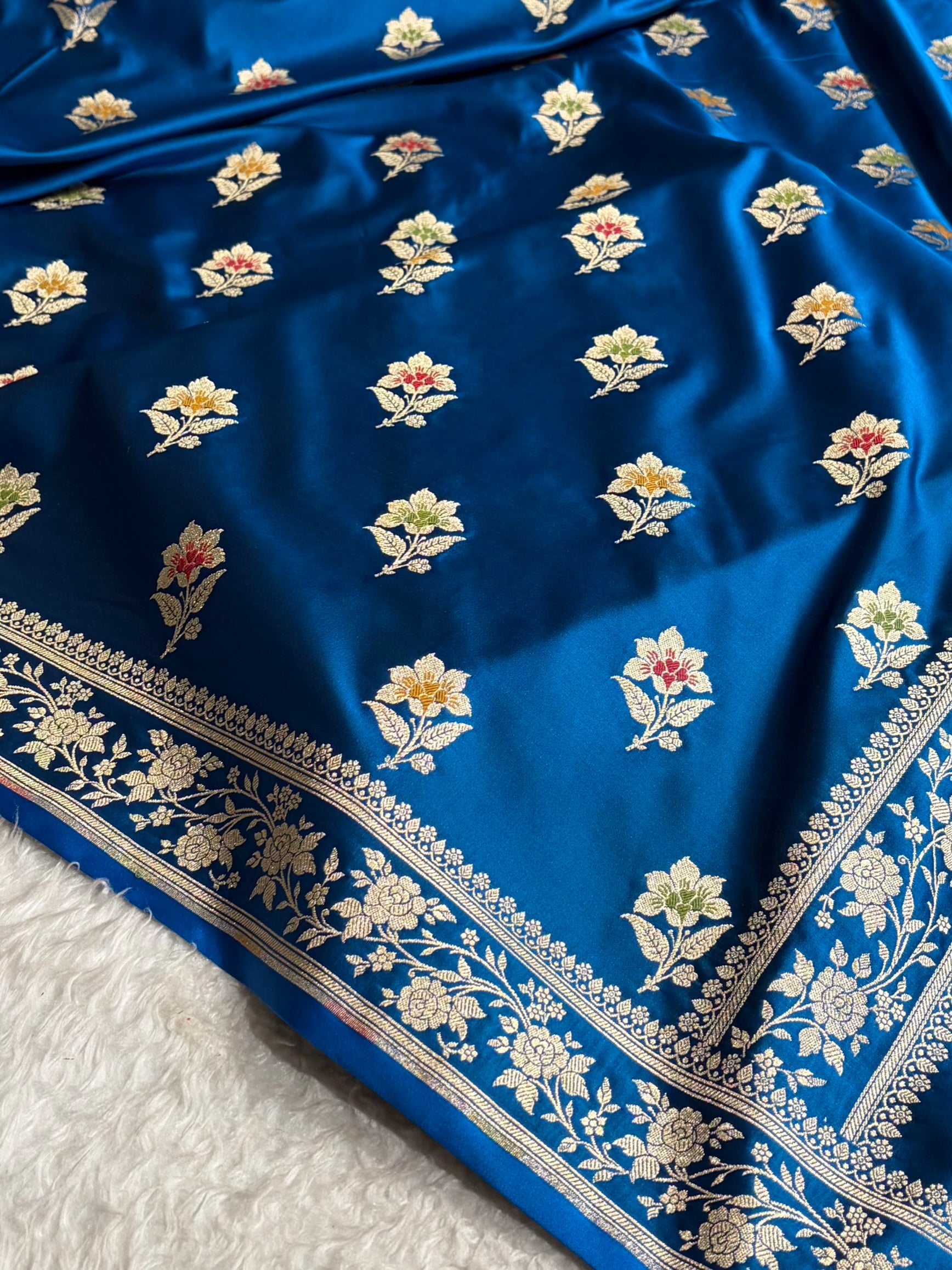 Premium Banarasi Satin Katan Saree With Minakari Boota in German Blue Shades SK112