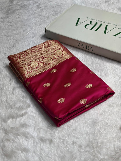 Rani Floral Boota Pattern Satin Katan Silk Saree SK71