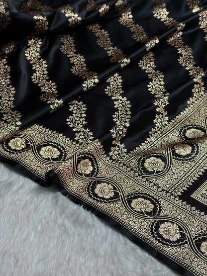 Black Floral Cross Pattern Satin Katan Silk Saree SK74