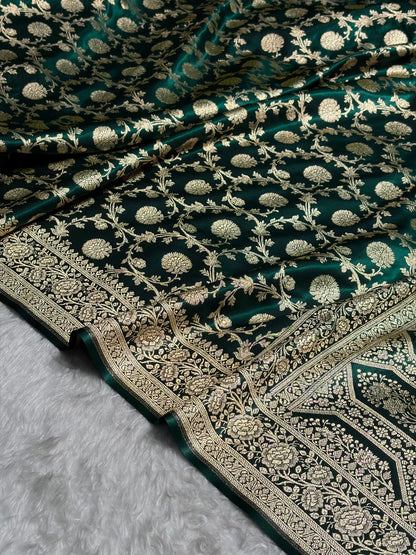 Banarasi Light Weight Dark Bottle Green shades Satin Silk Saree SS15