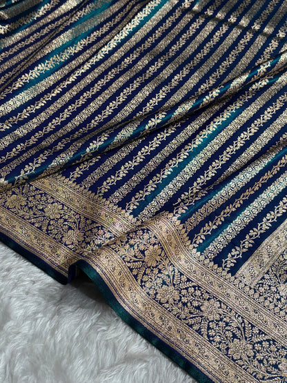 Peacock Shades Stripe Pattern Banarasi Satin Silk Saree SS46