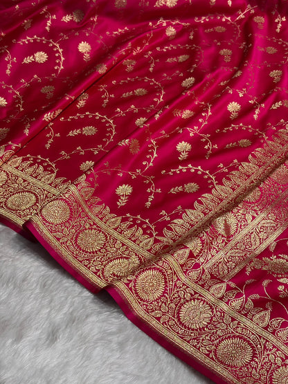 Cross Rani Shades Jaal Floral Pattern Satin Katan Silk Saree SK81