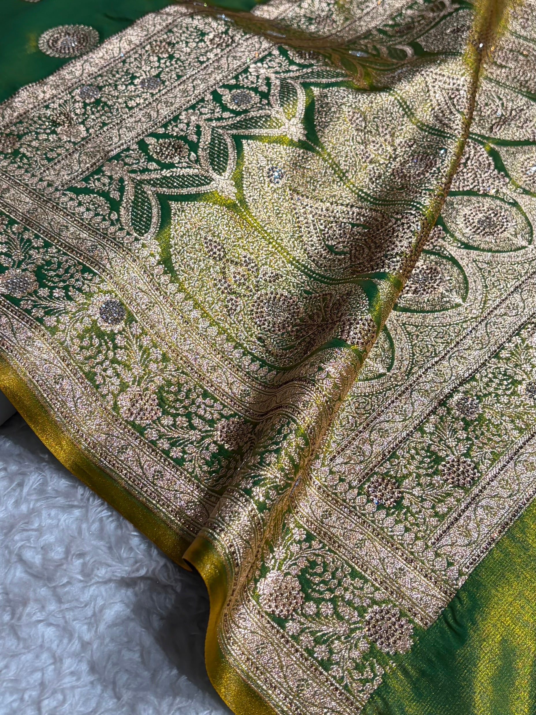Liril Green Shades Banarasi With Swarovski Stone Work Satin Silk Saree BSS33