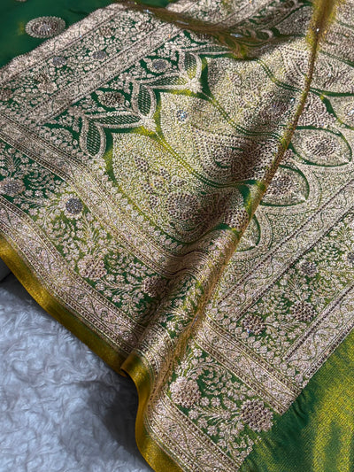 Liril Green Shades Banarasi With Swarovski Stone Work Satin Silk Saree BSS33