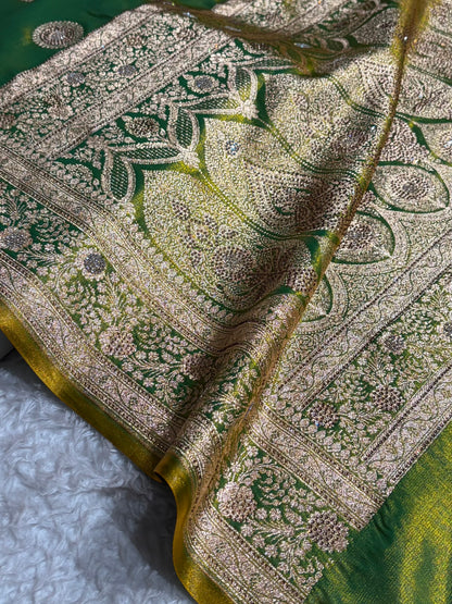 Liril Green Shades Banarasi With Swarovski Stone Work Satin Silk Saree BSS33
