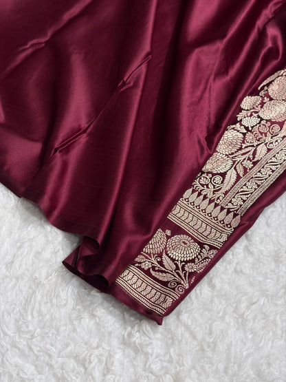 Banarasi Satin Katan Saree With Jaal Pattern In Garnet Shades SK122
