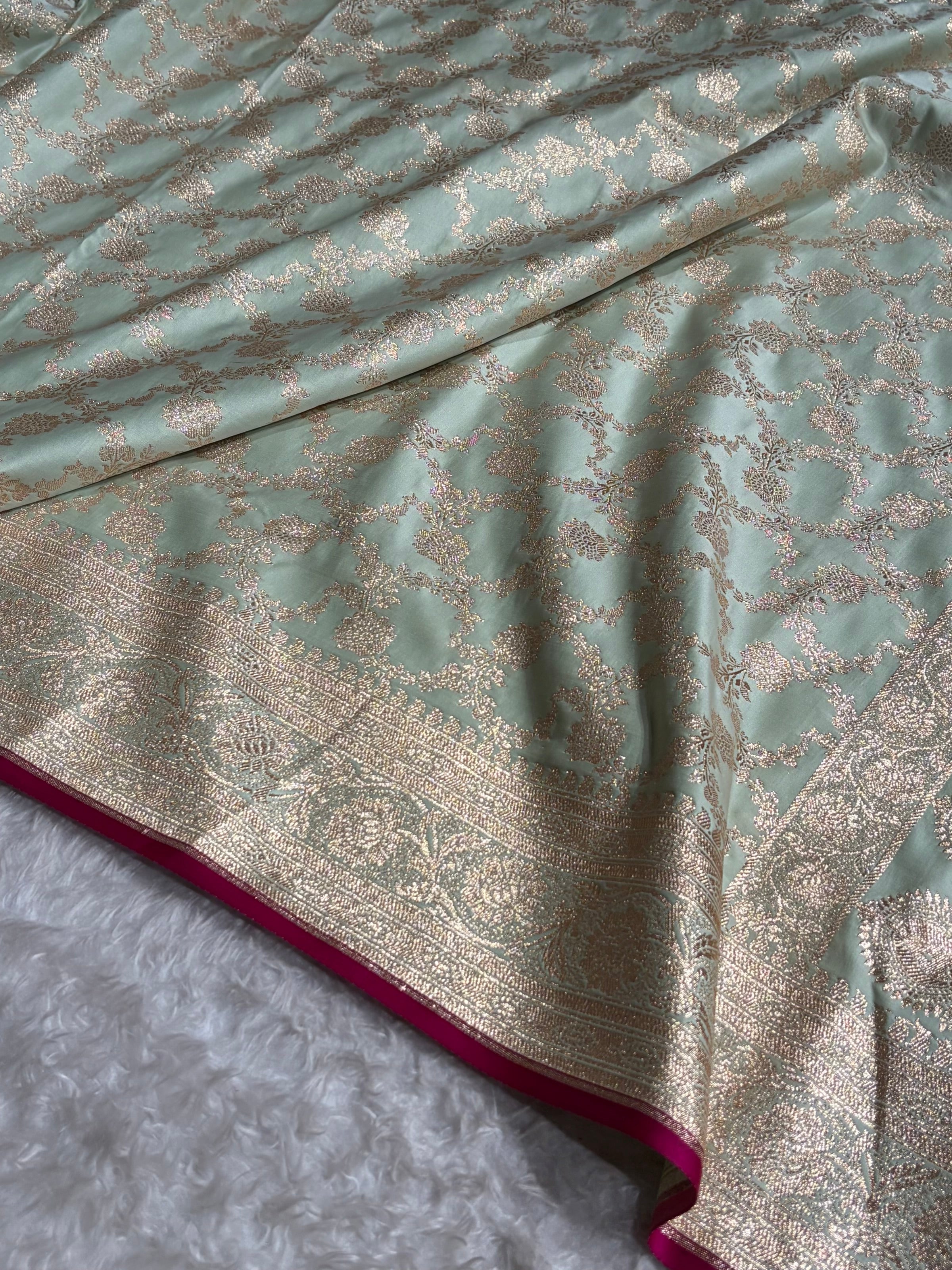 Light Pista Jaal Pattern Satin Katan Silk Saree SK25