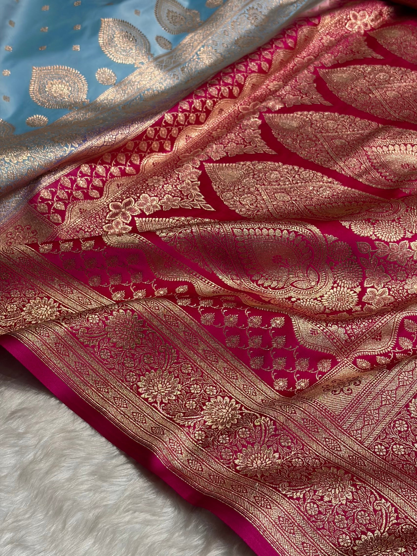 Sky blue with Rani Booti Satin Katan Silk saree SK29