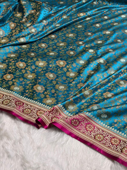 Firozi  - Rani Contrast Jamawar Tanchoi Jaal Katan Silk Saree SKTM-21