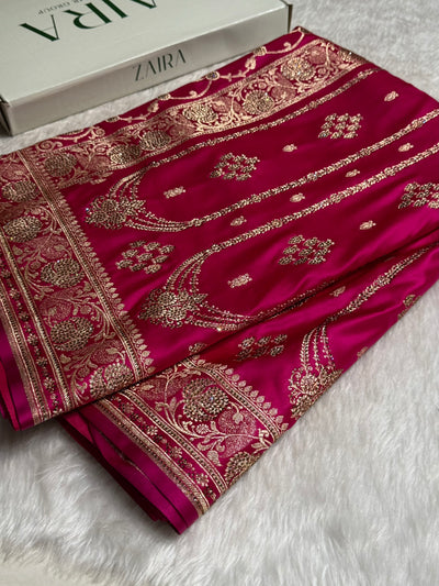 Rani Floral Boota Pattern With Bananas Swarovski Stone Work Satin Katan Silk saree BSK39