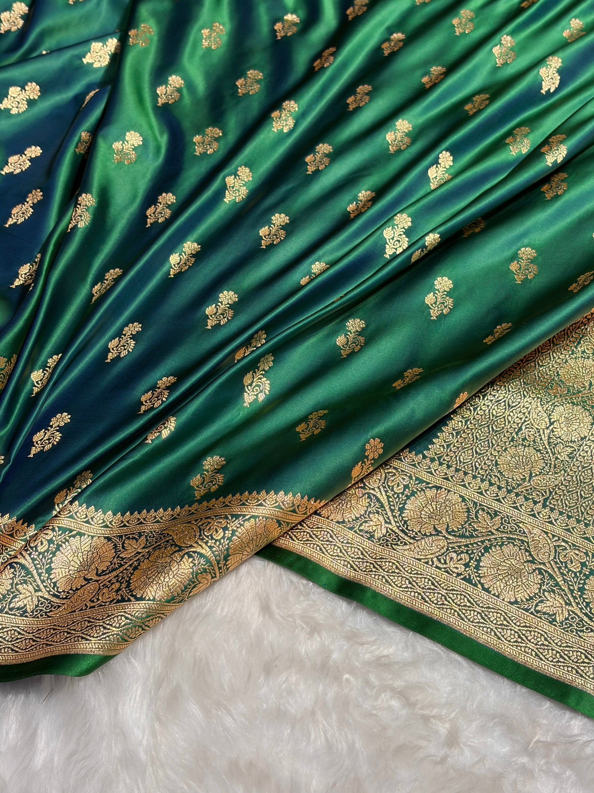Cross Green Unique Boota Pattern Satin Katan Silk Saree SK68