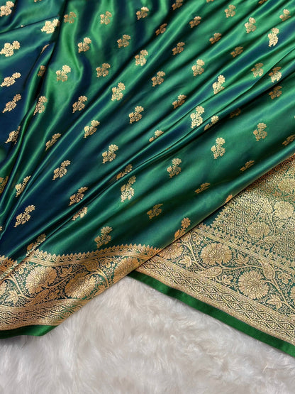 Cross Green Unique Boota Pattern Satin Katan Silk Saree SK68