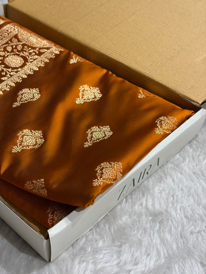 Banarasi Satin Katan Saree With Boota in Rust Shades SK98