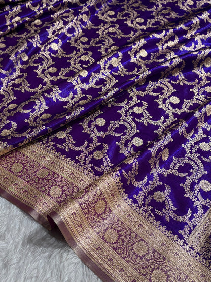 Purple Contrast Shades Jaal Pattern Banarasi Satin Silk Saree SS47