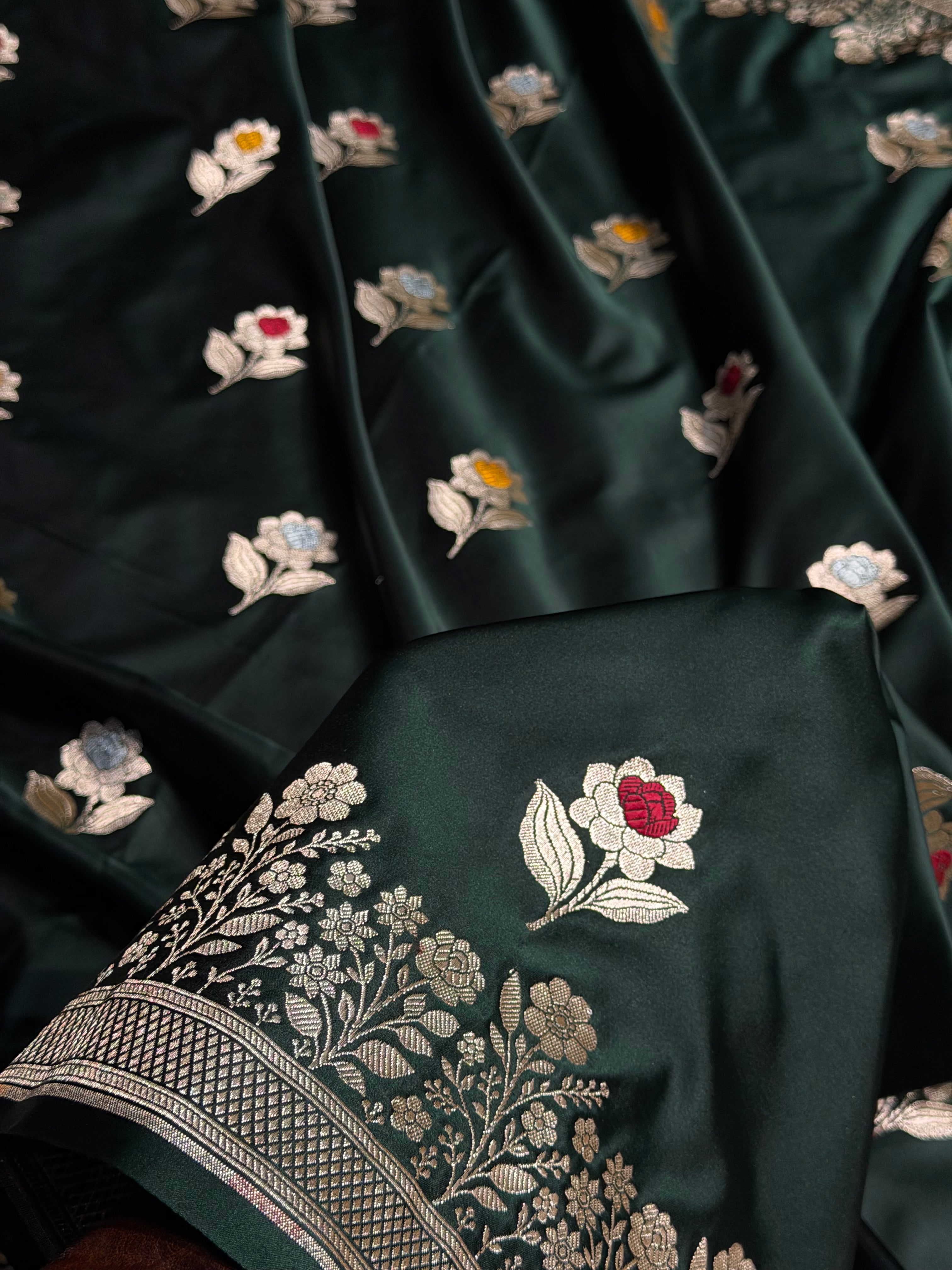 Premium Banarasi Satin Katan Saree With Minakari Boota in Dark Bottle Green Shades SK94