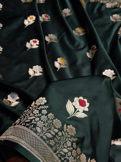 Premium Banarasi Satin Katan Saree With Minakari Boota in Dark Bottle Green Shades SK94