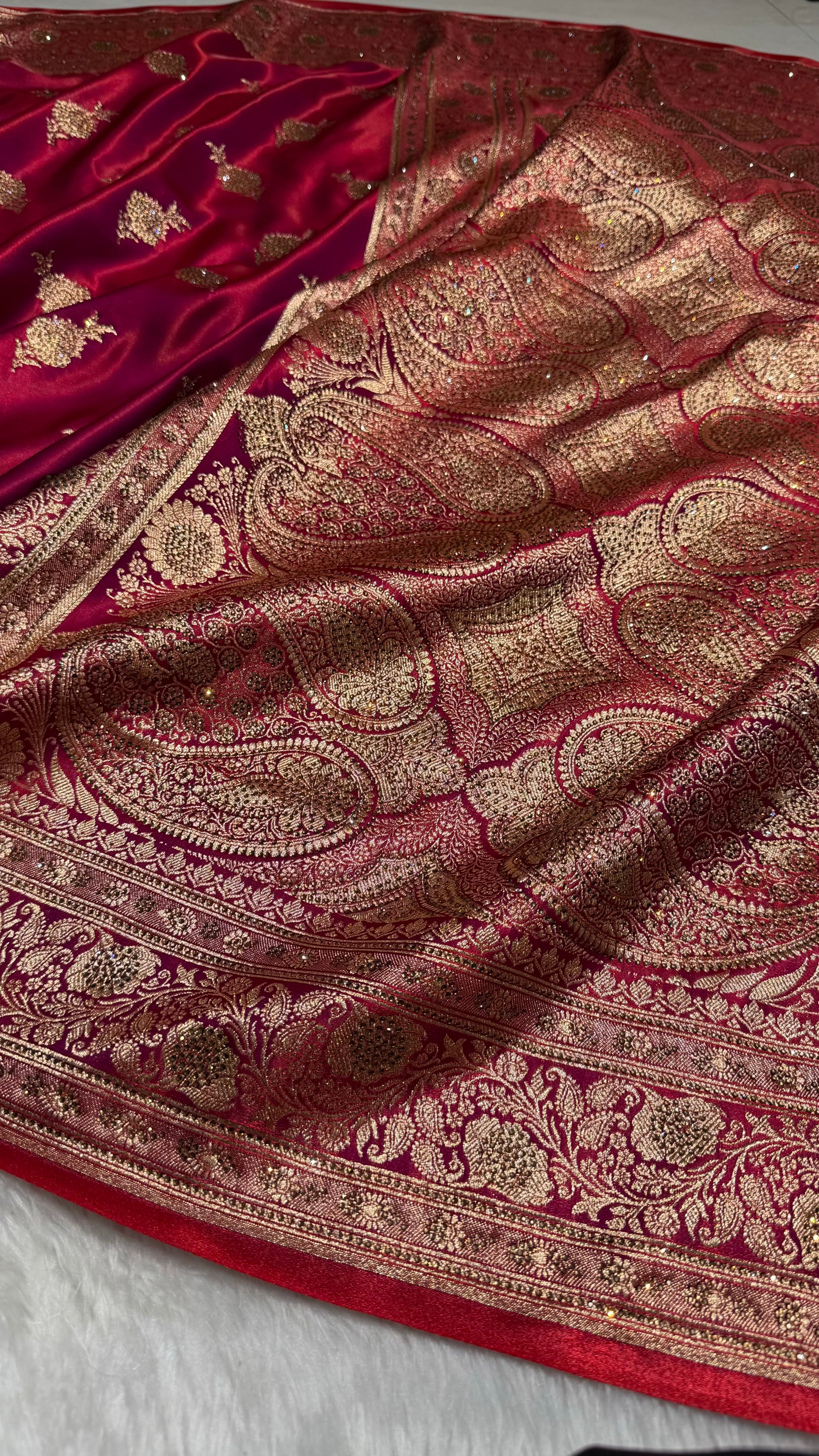 Satin Silk Saree Swarovski Work Floral Boota in Reddish Magenta Shades BSS26