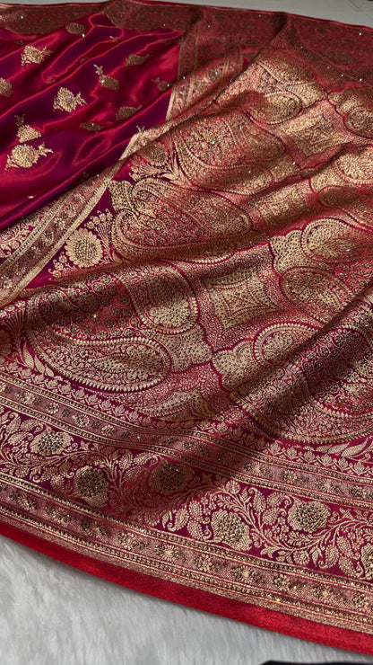 Satin Silk Saree Swarovski Work Floral Boota in Reddish Magenta Shades BSS26