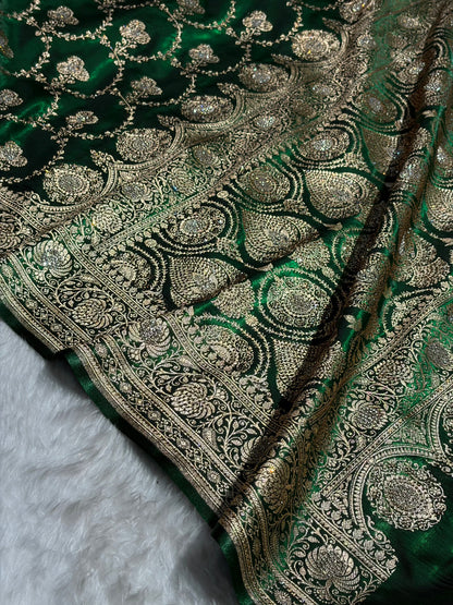 Satin Silk Saree Banarasi Swarovski Work Jaal in Bottle Green Shades BSS23 (R)