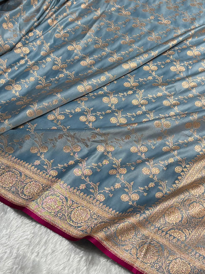Banarasi Pastel German Blue Shades Cross Satin Katan Silk Saree SK17