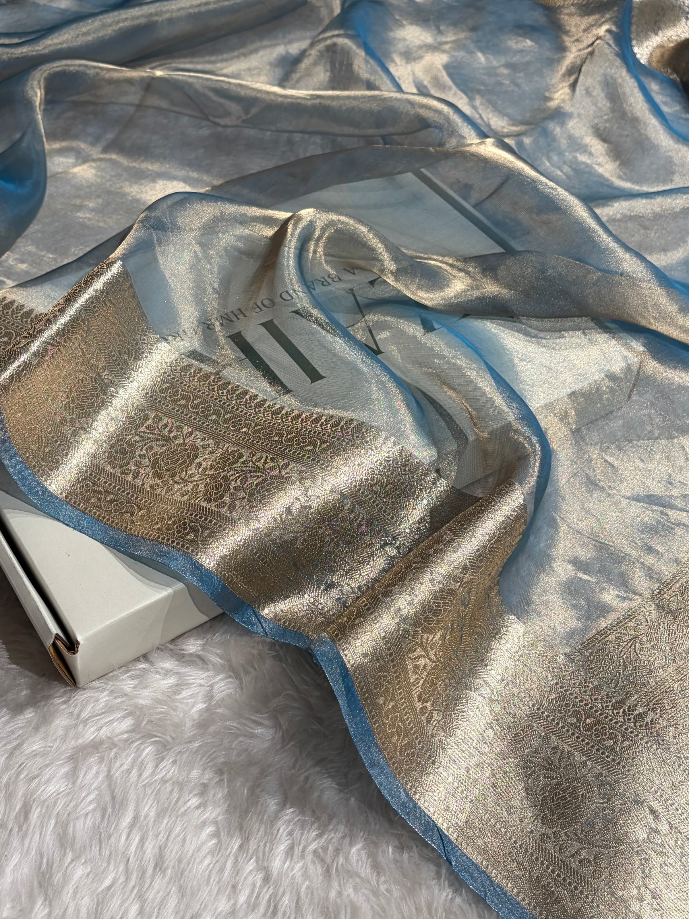 Pastel Blue Shades Pure Tissue Silk Saree with Brocade Blouse PT-08