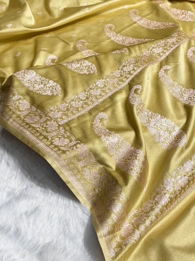 Banarasi Pastel Yellow Shades Floral Mashru Silk Saree MCS88