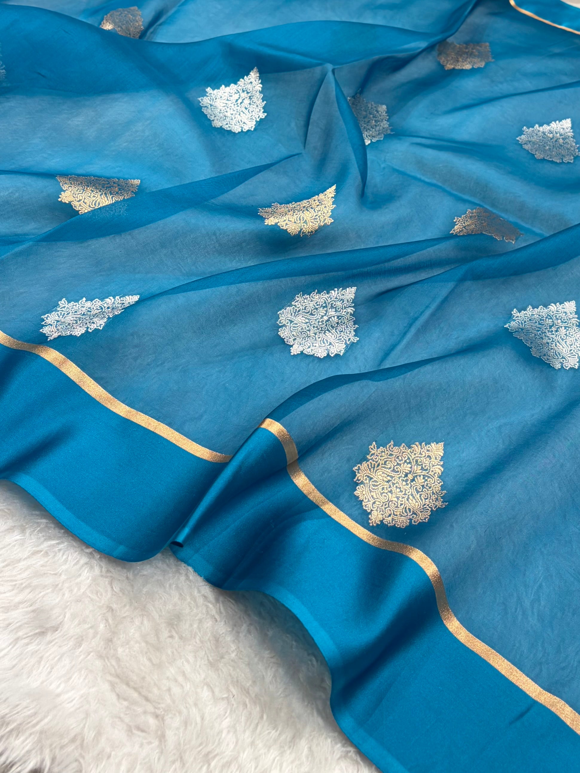Pure Banarasi Organza Firozi Shades With Floral Banarasi Silk Saree PO-29