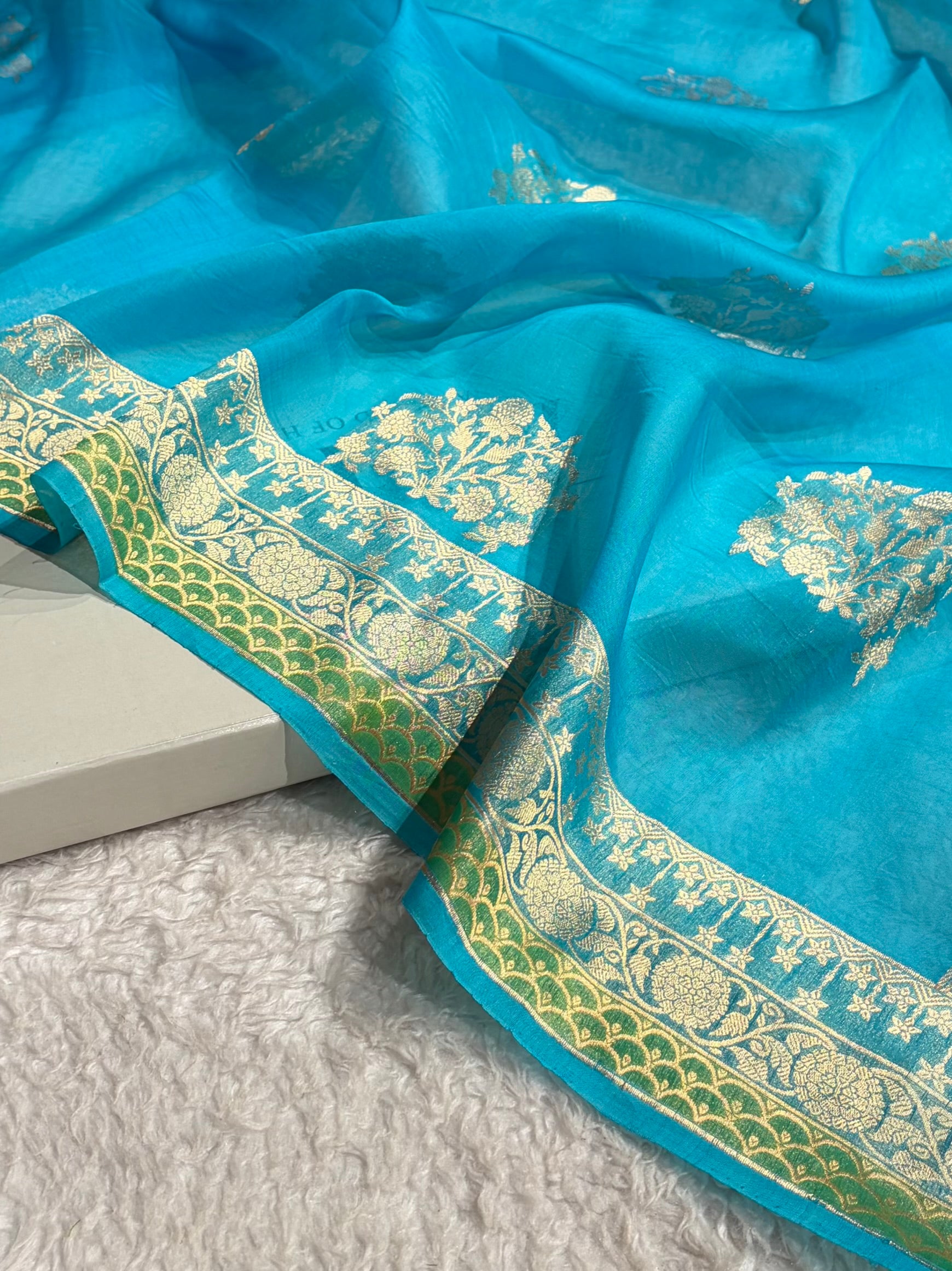 Banarasi Pure Organza Firozi Shades With Minakari Boota Banarasi Silk Saree PO-37