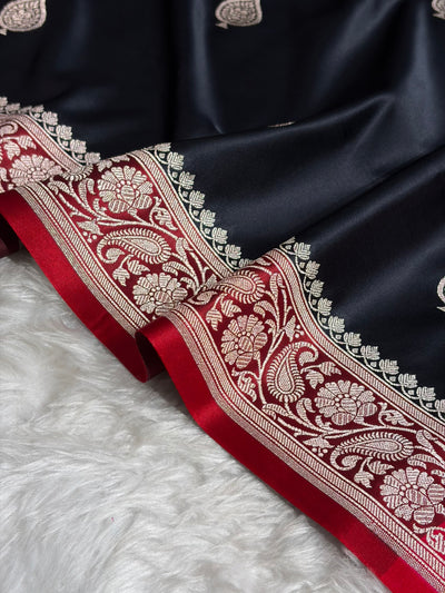 Contrast Banarasi Satin Katan Saree Booti Pattern in Dark Navy / Red Shades SK140