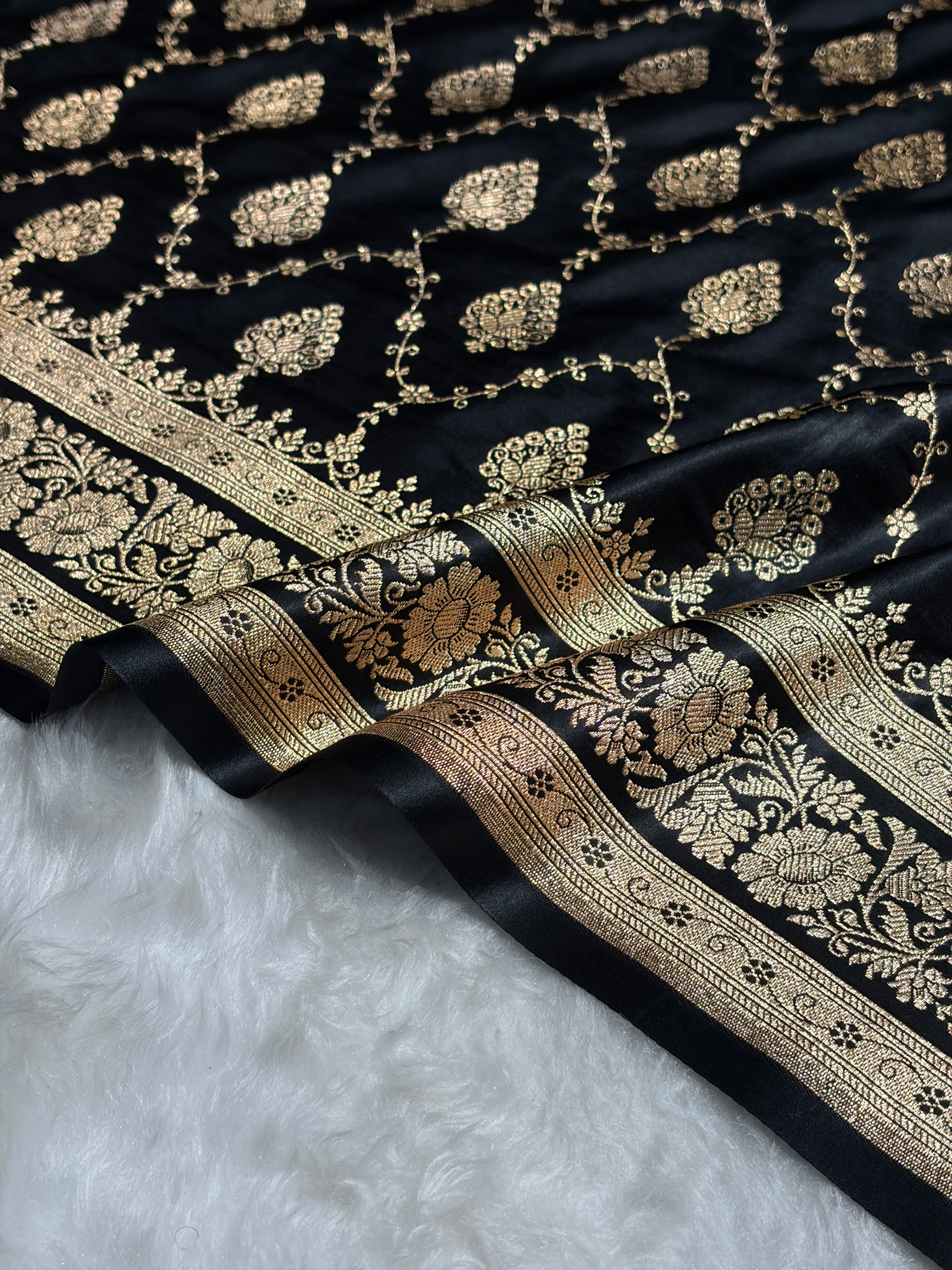 Black Floral Jaal Pattern Satin Katan Silk saree SK42