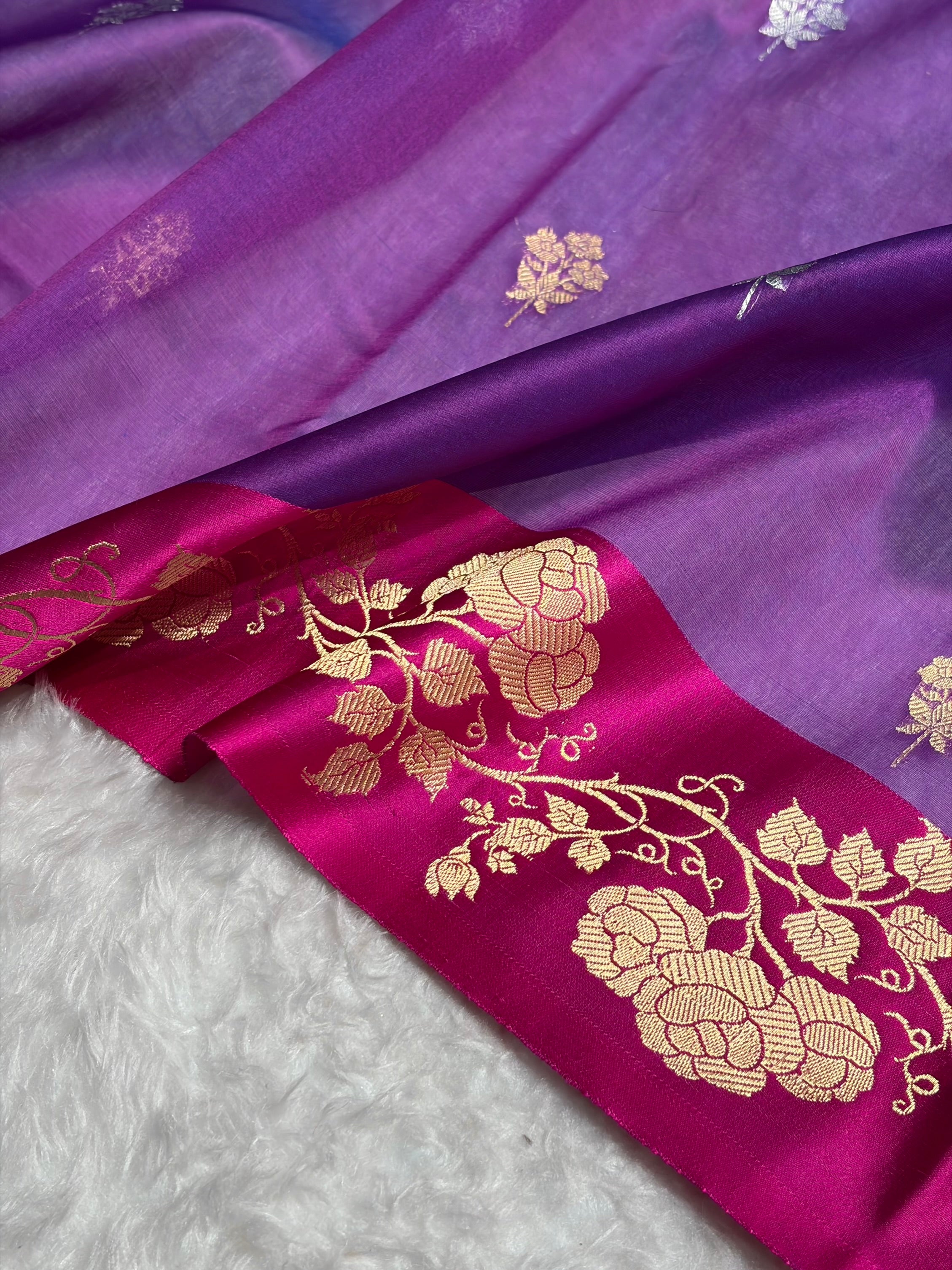 Contrast Pure Banarasi Organza Purple With Rama Floral Banarasi Silk Saree PO-13