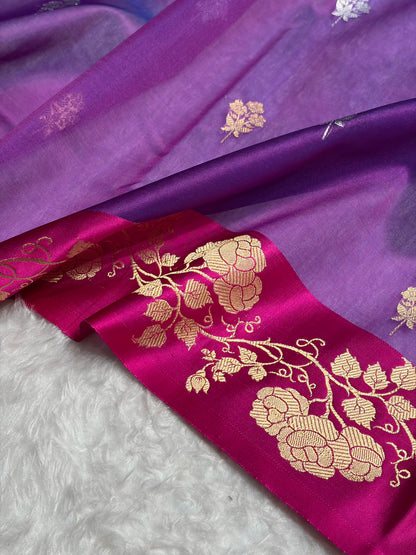 Contrast Pure Banarasi Organza Purple With Rama Floral Banarasi Silk Saree PO-13