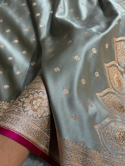 Banarasi Grey Booti Satin katan Silk Saree SK11