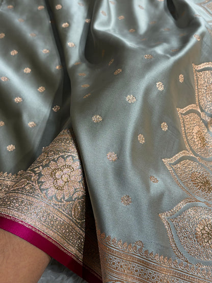 Banarasi Grey Booti Satin katan Silk Saree SK11