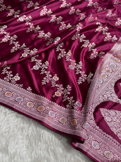 Wine Minakari Banarasi Cross Mashru Silk Saree MS01