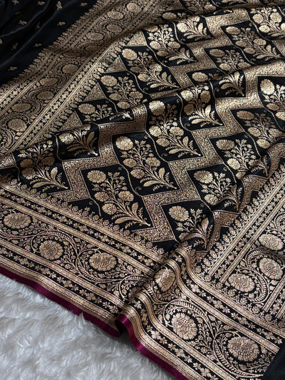 Banarasi Black Shades Cross Pattern Banarasi Satin Silk Saree SS52