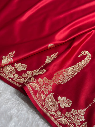 Banarasi Satin Katan Saree Plain With Floral Border Pattern in Red Shades SK140