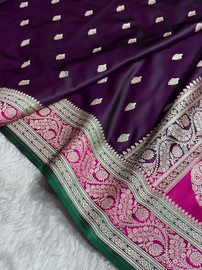 Banarasi Cross Wine With Contrast Rani Floral Border Mashru Silk Saree MSM-101