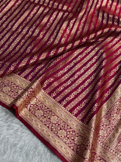 Reddish Magenta Shades Stripe Pattern Banarasi Satin Silk Saree SS46