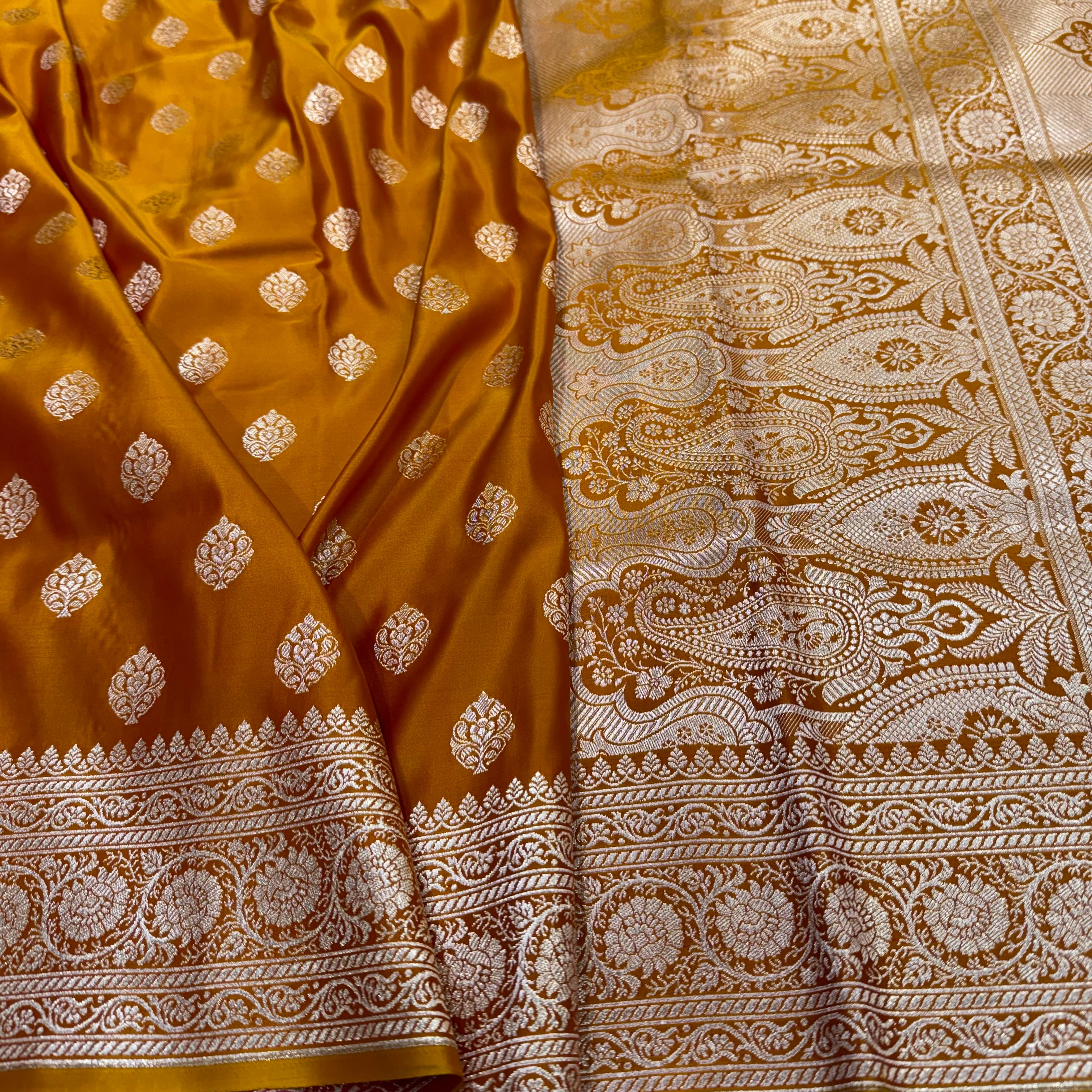 Boota Katan Silk Saree In Mustard Gold Shades