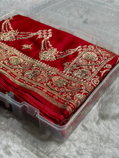 Bridal Red Floral Boota Pattern With Zardozi Stone Work Satin Katan Silk saree BSK34
