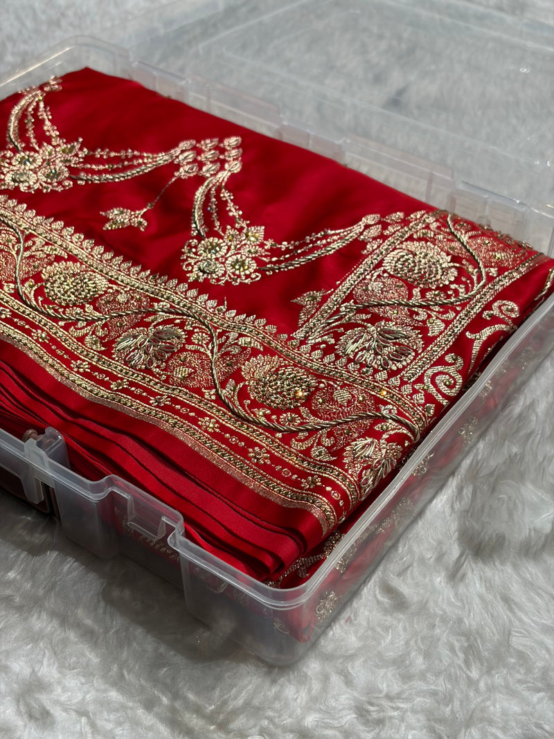 Bridal Red Floral Boota Pattern With Zardozi Stone Work Satin Katan Silk saree BSK34