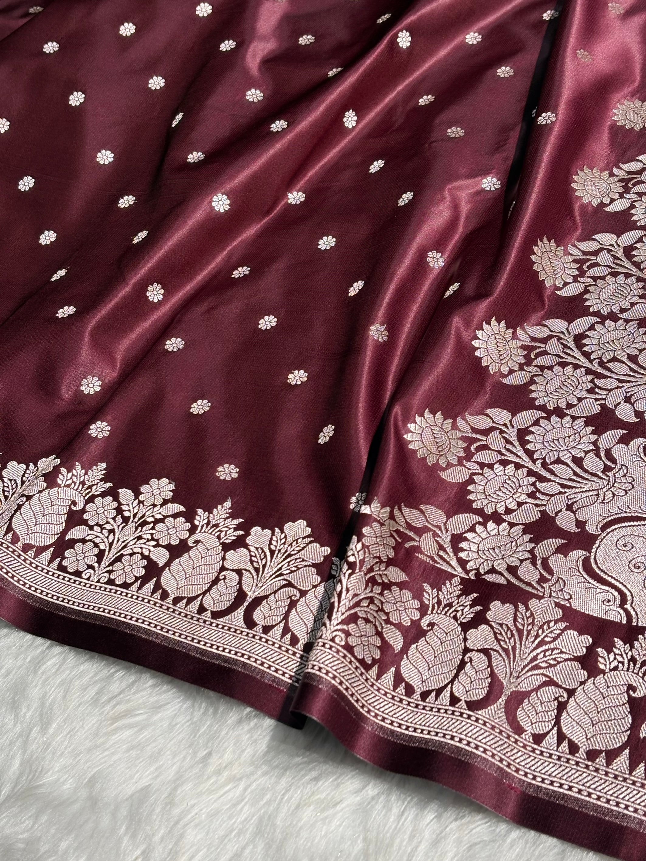 Garnet Shades Floral Boota With Floral Border Mashru Silk Saree MSM 79