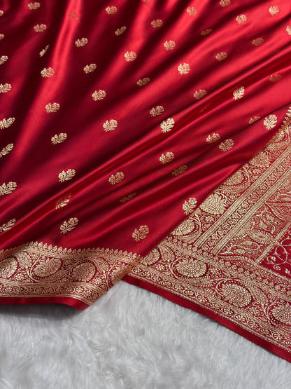 Cross Red Floral Boota Pattern Satin Katan Silk Saree SK71