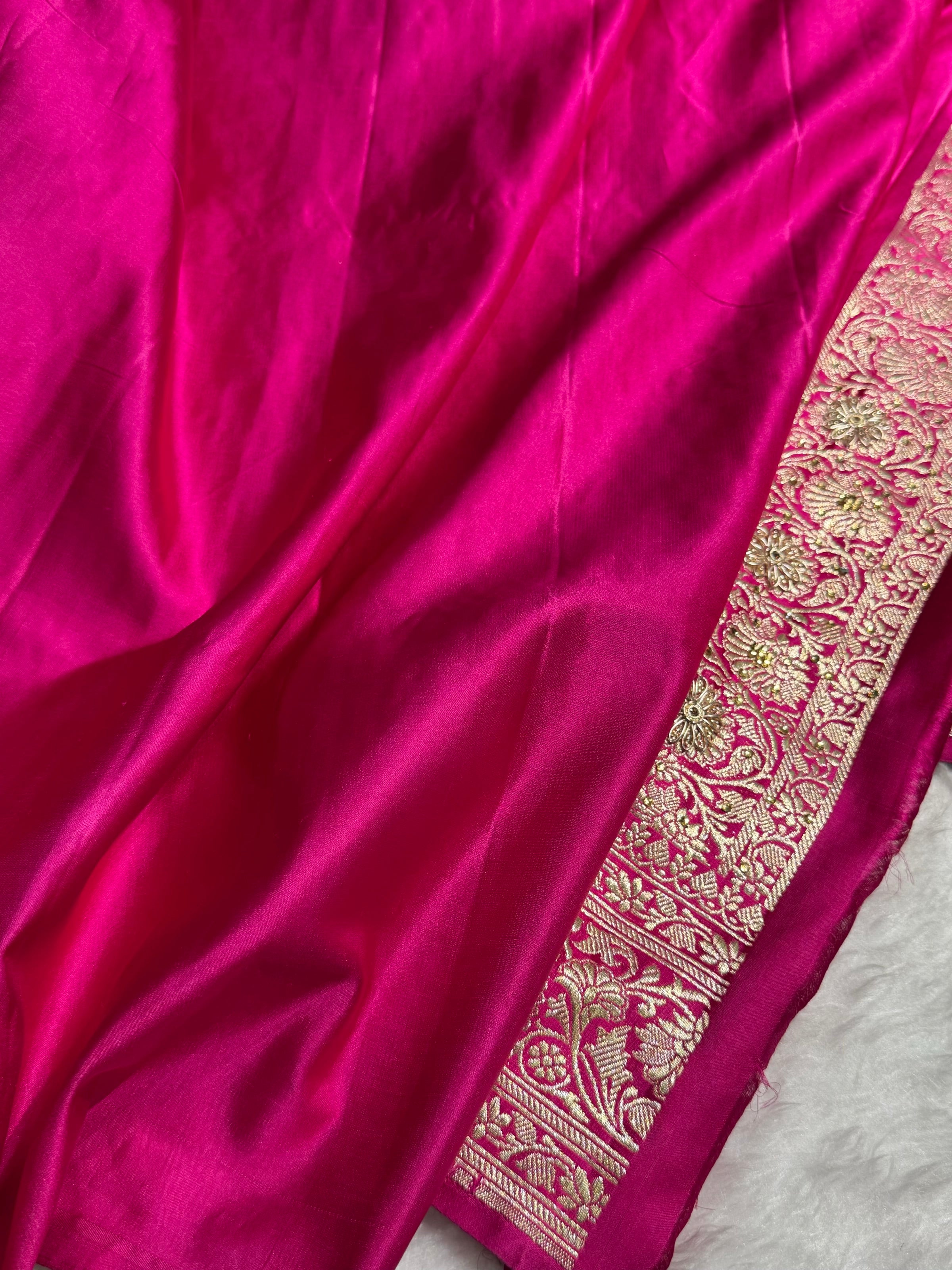 Pure Handloom Bridal Rani Katan Silk Banarasi Saree with Zardozy, Ari and Stone work PBSK01