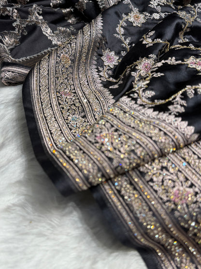Banarasi Black Minakari Mashru Silk Saree with Ari and Swarovski work BMS07