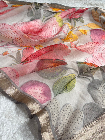 Pastel Grey Organza with Pastel Multicolor Florals & Gold Zari Border POP03