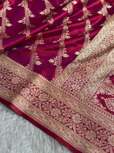 Magnetic Red Shades Cross Pattern Banarasi Satin Silk Saree SS50