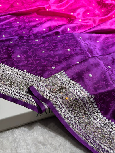 Ombre Purple - Pink Tanchoi With Swarovski Work Floral Mashru Silk Saree BMCS59