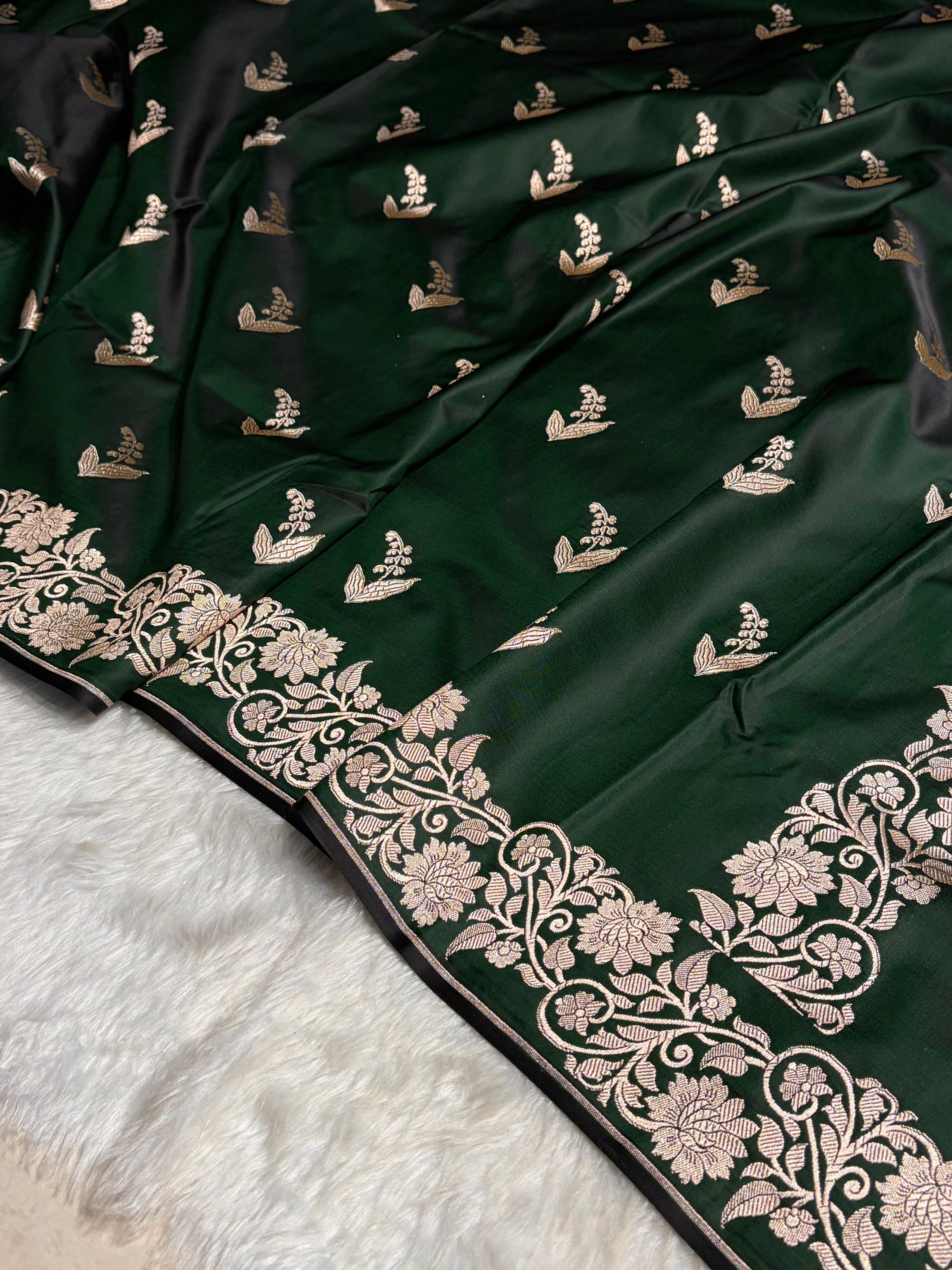 Dark Bottle Green Boota With Floral Border Mashru Silk Saree MSM-90